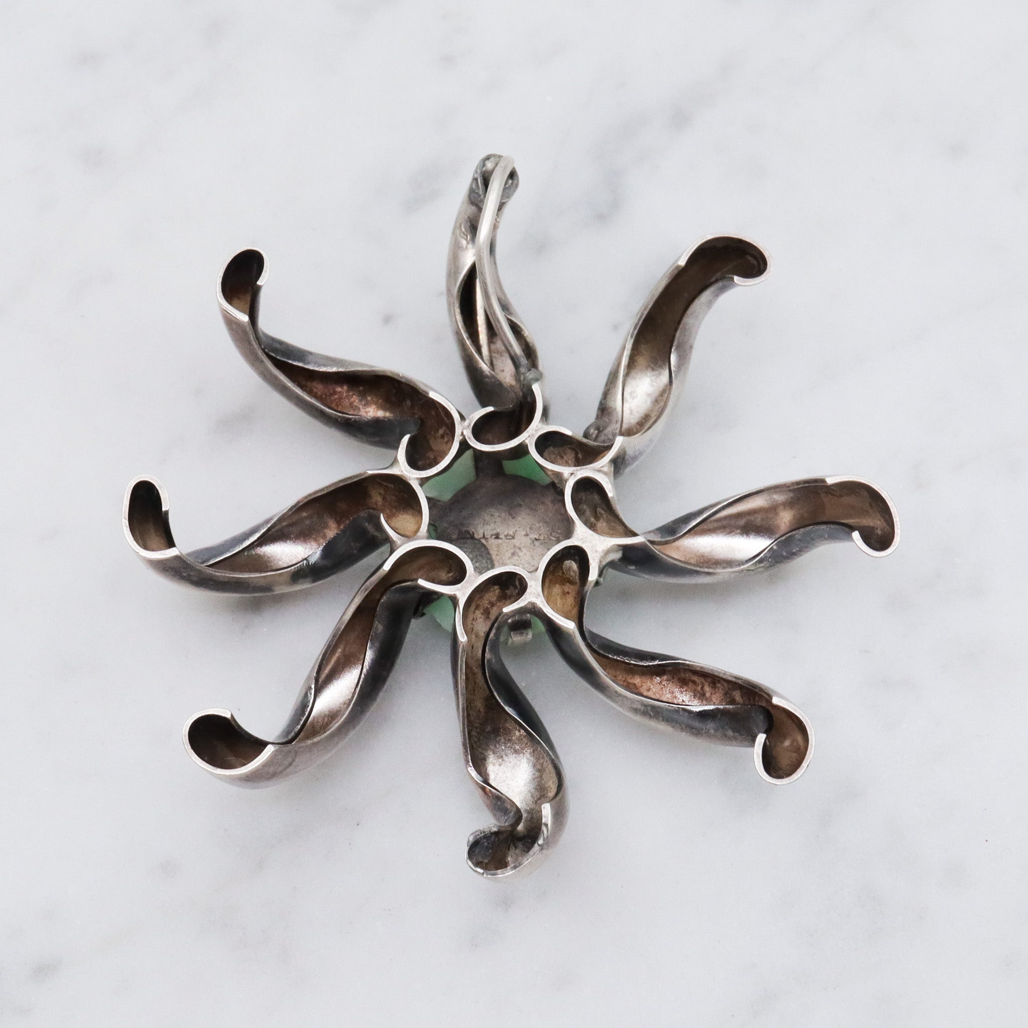 Antique Art Deco sterling silver Chinese carved jade flower pendant